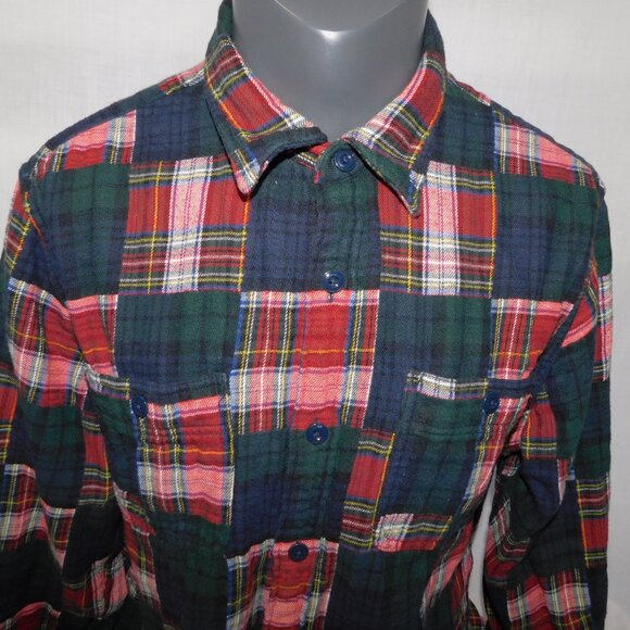 J Crew Mens L Mid Weight patchwork Plaid WorkShirt  Flannel Shirt Red Green blue - Picture 2 of 10